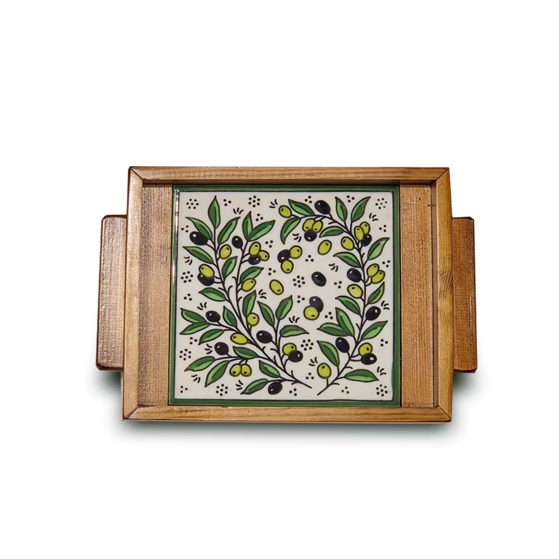 صينية تقديم خشبية أنيقة مزينة ببلاطة سيراميك تحمل تصميم شجرة الزيتون الفلسطينية
