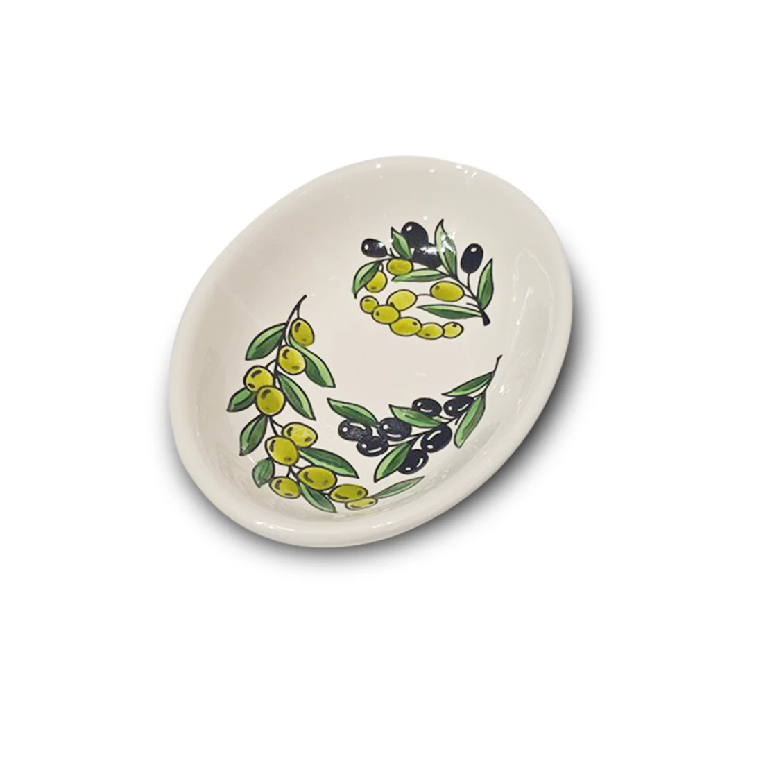 طبق تقديم خزفي بشكل بيضاوي أنيق، مزين بـ تصميم شجرة الزيتون الفلسطينية
