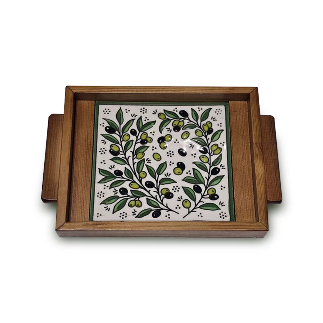 صينية تقديم خشبية أنيقة مزينة ببلاطة سيراميك تحمل تصميم شجرة الزيتون الفلسطينية