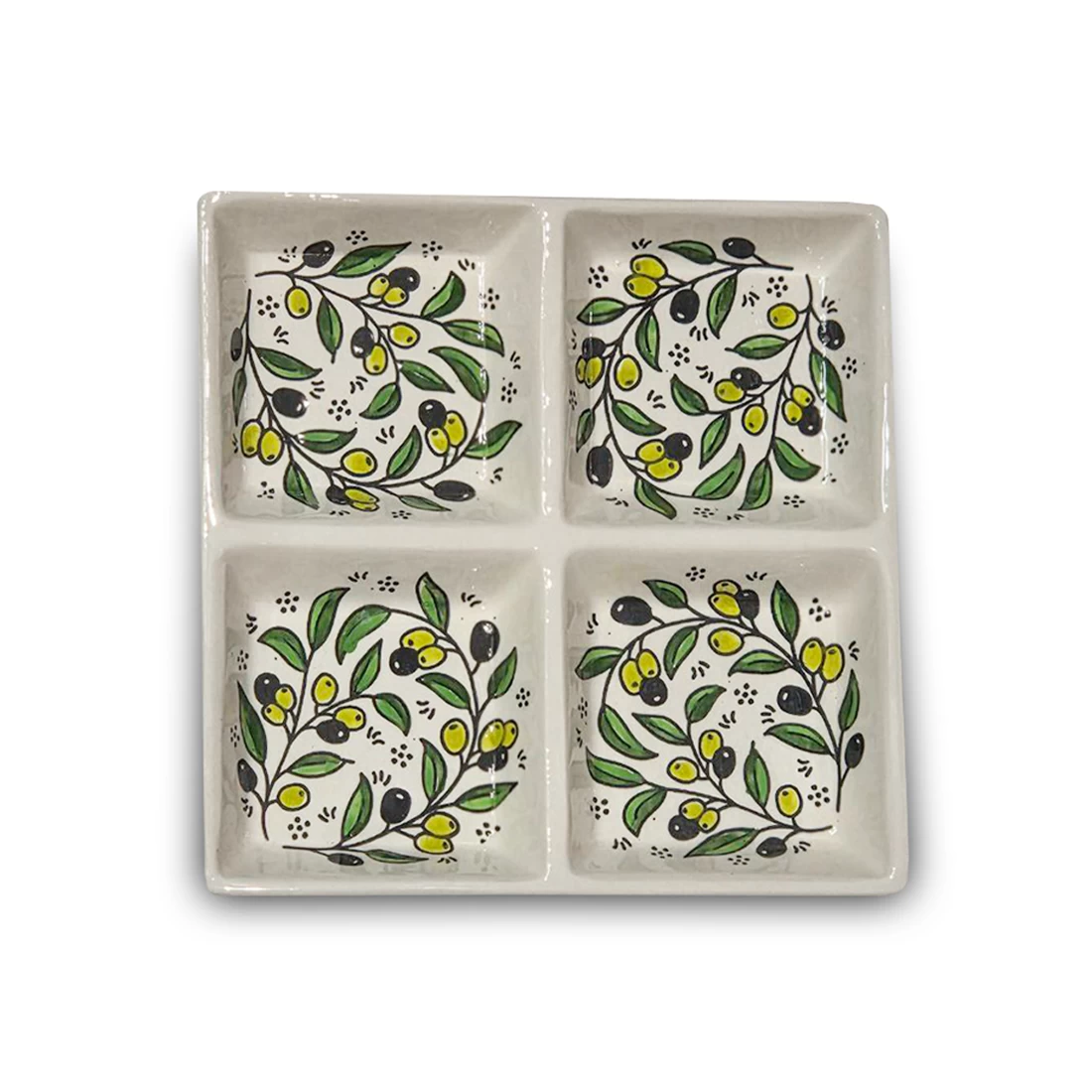 طبق تقديم خزفي مربع الشكل أنيق مقسّم إلى 4 أقسام، مزين بـ تصميم شجرة الزيتون الفلسطينية