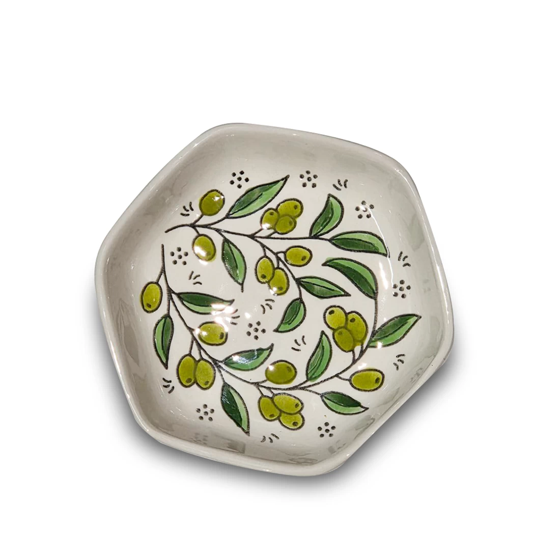 طبق تقديم خزفي سداسي الشكل مزين بـ تصميم شجرة الزيتون الفلسطينية