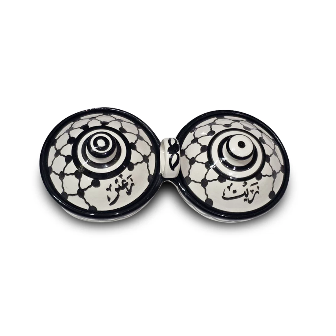 أوعية خزفية (زيت وزعتر) بنقش الكوفية مصنوعة يدويًا مع غطاء